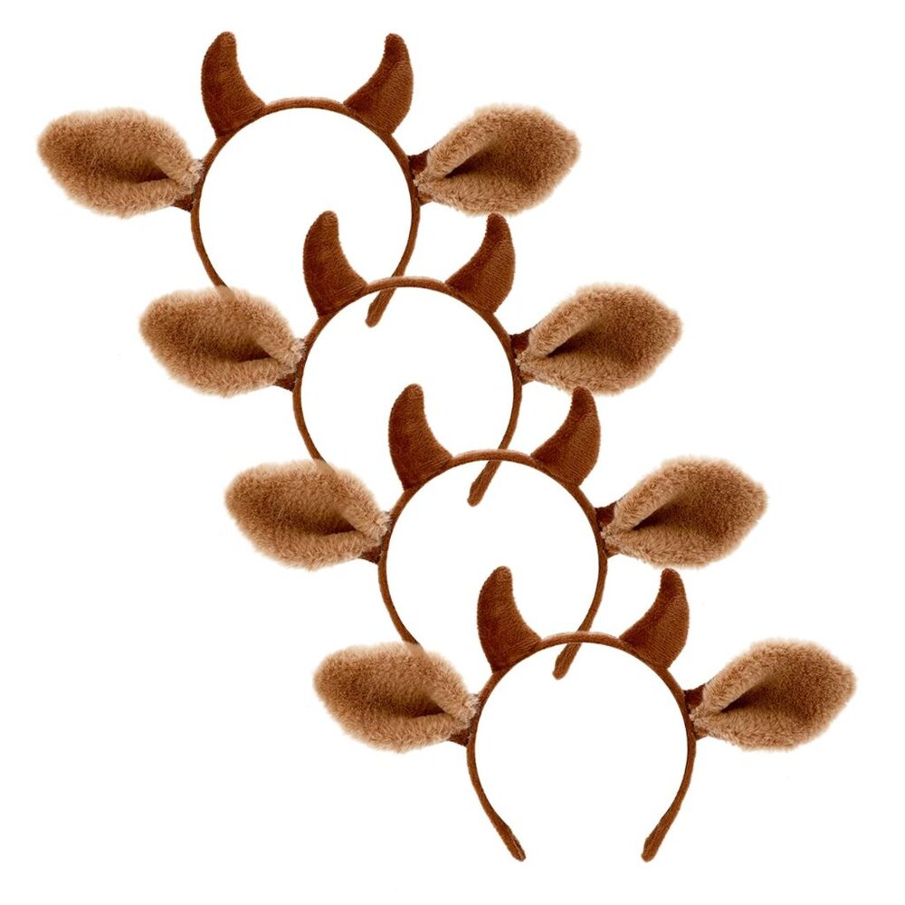 Cow Ears Headband 4Pack - Realistic Brown Furry Horns and Ears, Makeup Washing,